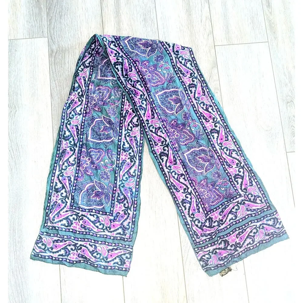 100% Silk Paisley Floral Scarf 10.5 x 60 inch VTG Purple Green Pink
